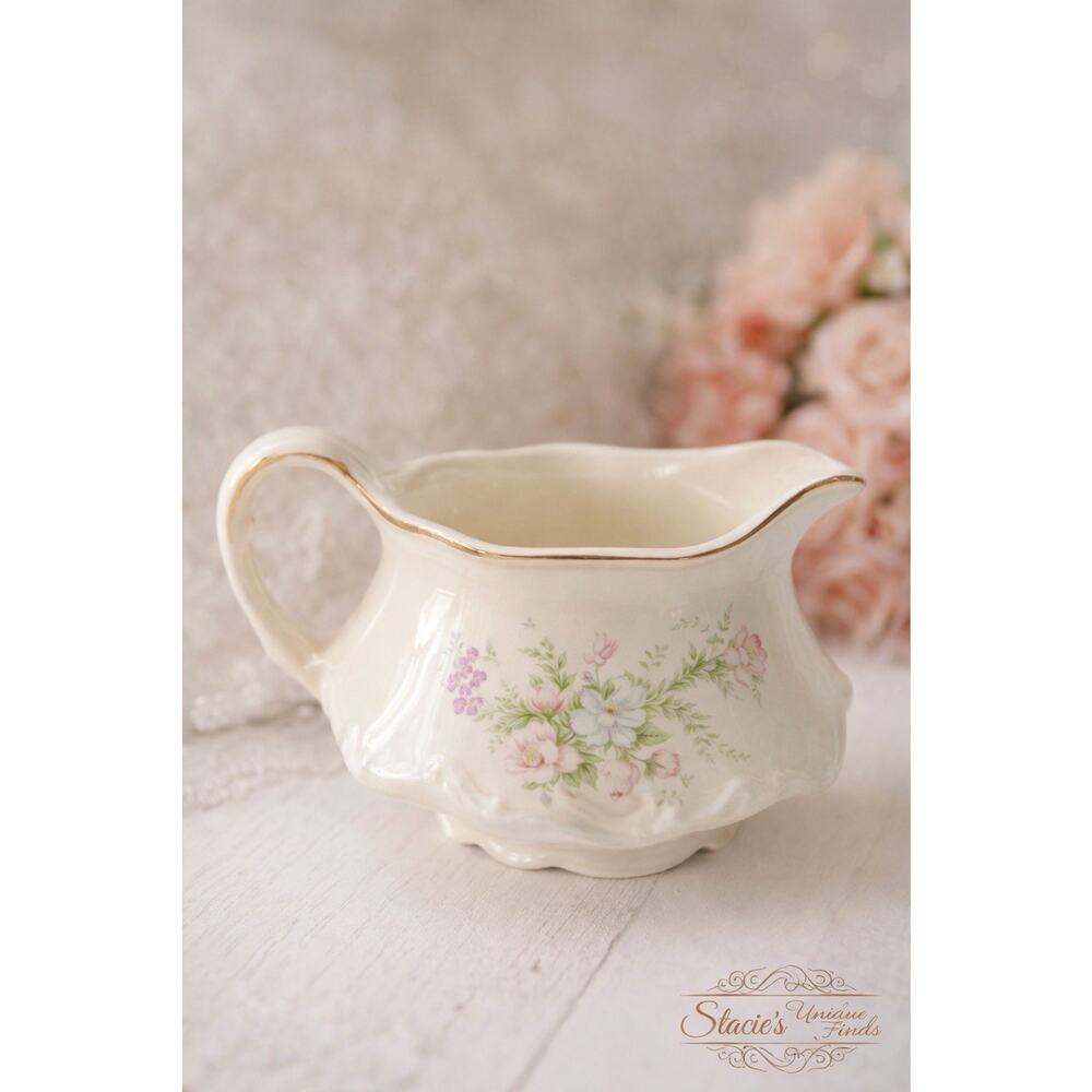 Vintage Homer Laughlin Floral Creamer Ivory Gold Trim Scalloped Rim